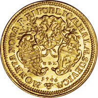 obverse of 1 Ducat (1746) coin with KM# 35 from German States. Inscription: MONETA NOVA REIPUBLICÆ HALÆ SUEVICÆ CGL 1746