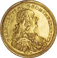 reverse of 1 Ducat (1746) coin with KM# 35 from German States. Inscription: FRANCISCVS • D • G • ROM • IMP • SEMP • AVG • PPW