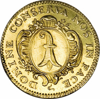 obverse of 1 Goldgulden (1790) coin with KM# 181 from Swiss cantons. Inscription: DOMINE CONSERVA NOS IN PACE