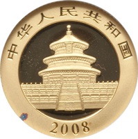 obverse of 50 Yuan - Panda Series - Panda; Gold Bullion (2008) coin with KM# 1868 from China. Inscription: 中华人民共和国 2008