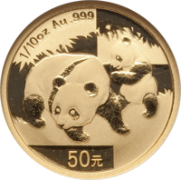 reverse of 50 Yuan - Panda Series - Panda; Gold Bullion (2008) coin with KM# 1868 from China. Inscription: 50元 1/10 oz Au .999