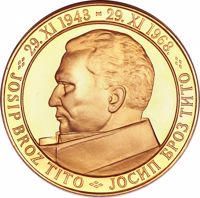 obverse of 1000 Dinara - 25th Anniversary of Republic (1968) coin with KM# 54 from Yugoslavia. Inscription: 29.XI.1943 - 29.XI.1968 JOSIP BROZ TITO - ЈОСИП БРОЗ ТИТО