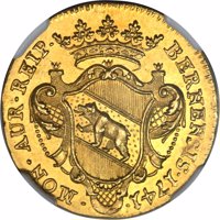 obverse of 1 Ducat (1741) coin with KM# 103 from Swiss cantons. Inscription: · MON · AUR · REIP · BERNENSIS · 1741 ·