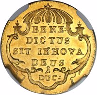 reverse of 1 Ducat (1741) coin with KM# 103 from Swiss cantons. Inscription: BENE: DICTUS SIT IEHOVA DEUS 1 DUC: