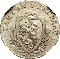 obverse of 5 Batzen (1808) coin with KM# 5 from Swiss cantons. Inscription: CANTON THURGAU