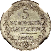 reverse of 5 Batzen (1808) coin with KM# 5 from Swiss cantons. Inscription: 5 SCHWEIZ BATZEN 1808