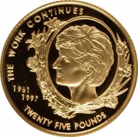 reverse of 25 Pounds - Elizabeth II - Princess Diana (2002) coin with KM# 123 from Guernsey. Inscription: THE WORK CONTINUES 1961 1997 TWENTY FIVE POUNDS