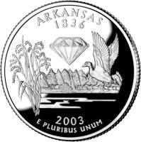 reverse of 1/4 Dollar - Arkansas - Washington Quarter; Silver Proof (2003) coin with KM# 347a from United States.