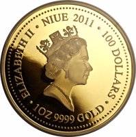 obverse of 100 Dollars - Elizabeth II - Tasmanian Tiger (2011) coin with KM# 511 from Niue. Inscription: ELIZABETH II · NIUE 2011 · 100 DOLLARS · 1OZ 9999 GOLD ·