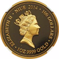 obverse of 100 Dollars - Elizabeth II - Frilled Neck Lizard (2014) coin with KM# 1246 from Niue. Inscription: ELIZABETH II · NIUE 2014 · 100 DOLLARS · 1OZ 9999 GOLD ·