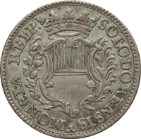 obverse of 20 Kreuzer (1760) coin with KM# 34 from Swiss cantons. Inscription: MONETA REIP. SOLODORENSIS