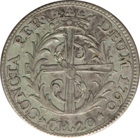 reverse of 20 Kreuzer (1760) coin with KM# 34 from Swiss cantons. Inscription: CUNCTA PER DEUM 1760 CR·20