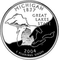 reverse of 1/4 Dollar - Michigan - Washington Quarter; Silver Proof (2004) coin with KM# 355a from United States. Inscription: MICHIGAN 1837 GREAT LAKES STATE E PLURIBUS UNUM