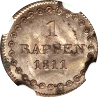 reverse of 1 Rappen (1811) coin with KM# 40 from Swiss cantons. Inscription: 1 RAPPEN 1811