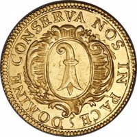 obverse of 2 Goldgulden (1790) coin with KM# 183 from Swiss cantons. Inscription: DOMINE CONSERVA NOS IN PACE