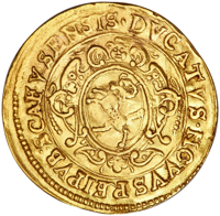 obverse of 1 Ducat (1658) coin with KM# 57 from Swiss cantons. Inscription: · DVCATVS · NOVVS REIPVB : SCAFVSENSIS