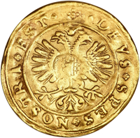 reverse of 1 Ducat (1658) coin with KM# 57 from Swiss cantons. Inscription: · DEVS + SPES + NOSTRA + EST ·