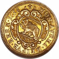 obverse of 1 Ducat (1658) coin with KM# 29 from Swiss cantons. Inscription: MON·AVREA·REIPVB·BERN·1658