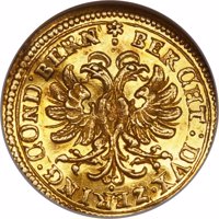 reverse of 1 Ducat (1658) coin with KM# 29 from Swiss cantons. Inscription: BERCHT:DVX·ZERING·COND·BERN