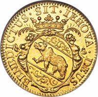 obverse of 1 Ducat (1697) coin with KM# 62 from Swiss cantons. Inscription: BENEDICTUS · SIT · IEHOVA · DEUX