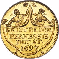 reverse of 1 Ducat (1697) coin with KM# 62 from Swiss cantons. Inscription: REIPUBLICÆ BERNENSIS DUCAT· 1697