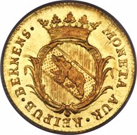 obverse of 1 Ducat (1772) coin with KM# 126 from Swiss cantons. Inscription: MONETA · AUR · REIPUB · BERNENS ·