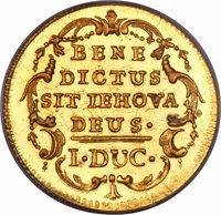 reverse of 1 Ducat (1772) coin with KM# 126 from Swiss cantons. Inscription: BENE DICTUS SIT IEHOVA DEUS · I · DUC ·