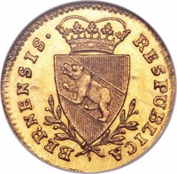 obverse of 1 Ducat (1789) coin with KM# 139 from Swiss cantons. Inscription: RESPUBLICA BERNENSIS ·