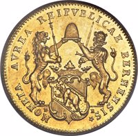 obverse of 2 Ducat (1703 - 1719) coin with KM# 74 from Swiss cantons. Inscription: MONETA AVREA REIPVBLICAE BERNENSIS ⁕ D B