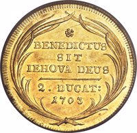 reverse of 2 Ducat (1703 - 1719) coin with KM# 74 from Swiss cantons. Inscription: BENEDICTUS SIT IEHOVA DEUS ⸻ 2 . DUCAT : 1703