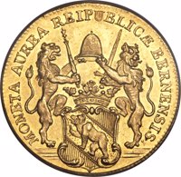 obverse of 2 Ducat (1727) coin with KM# 96 from Swiss cantons. Inscription: MONETA AUREA REIPUBLICÆ BERNENSIS.