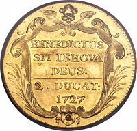 reverse of 2 Ducat (1727) coin with KM# 96 from Swiss cantons. Inscription: BENEDICTUS SIT IEHOVA DEUS. 2. DUCAT: 1727