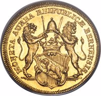 obverse of 2 Ducat (1771) coin with KM# 125 from Swiss cantons. Inscription: MONETA AUREA REIPUBLICÆ BERNENSIS