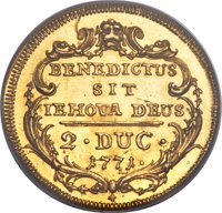 reverse of 2 Ducat (1771) coin with KM# 125 from Swiss cantons. Inscription: BENEDICTUS SIT IEHOVA DEUS 2 · DUC · 1771 ·