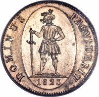 reverse of 4 Franken (1823) coin with KM# 190 from Swiss cantons. Inscription: DOMINUS PROVIDEBIT 1823