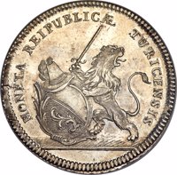 obverse of 1 Thaler (1779) coin with KM# 167 from Swiss cantons. Inscription: MONETA REIPUBLICÆ TURICENSIS