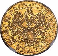 obverse of 1 Ducat (1641 - 1643) coin with KM# 60 from Swiss cantons. Inscription: DOMINE·CONSERVA·NOS·IN·PACE·