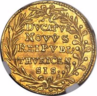 reverse of 1 Ducat (1641 - 1643) coin with KM# 60 from Swiss cantons. Inscription: DVCATVS NOVVS REIPVBL: THVRICEN SIS·