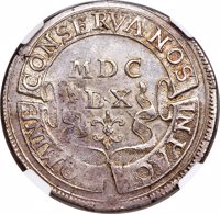 reverse of 1 Thaler (1660) coin with KM# 88 from Swiss cantons. Inscription: DOMINE CONSERVA NOS IN PACE MDC LX