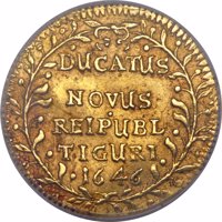 reverse of 1 Ducat (1646) coin with KM# 68 from Swiss cantons. Inscription: DUCATUS NOVUS REIPUBL TIGURI 1646