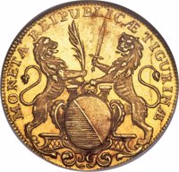 obverse of 2 Ducat (1718 - 1767) coin with KM# 141 from Swiss cantons. Inscription: MONETA REIPUBLICÆ TIGURINÆ