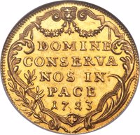 reverse of 2 Ducat (1718 - 1767) coin with KM# 141 from Swiss cantons. Inscription: DOMINE CONSERVA NOS IN PACE 1723