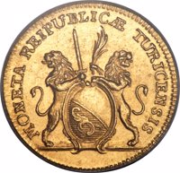 obverse of 2 Ducat (1776) coin with KM# 165 from Swiss cantons. Inscription: MONETA REIPUBLICÆ TURICENSIS