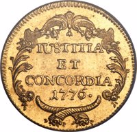 reverse of 2 Ducat (1776) coin with KM# 165 from Swiss cantons. Inscription: IUSTITIA ET CONCORDIA 1776·