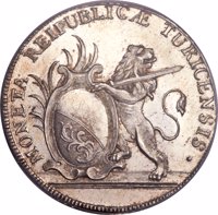 obverse of 1 Thaler (1776 - 1777) coin with KM# 163 from Swiss cantons. Inscription: MONETA REIPUBLICÆ TURICENSIS.