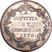 reverse of 1 Thaler (1776 - 1777) coin with KM# 163 from Swiss cantons. Inscription: IUSTITIA ET CONCORDIA 1776