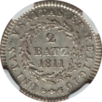 reverse of 2 Batzen (1811) coin with KM# 43 from Swiss cantons. Inscription: UNITAS VERITAS ET RELIGIO