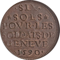 reverse of 6 Sols (1590) coin from Swiss cantons. Inscription: ·SIX· *SOLS* POVR-LES SOLDATS·DE GENEVE ·1590·