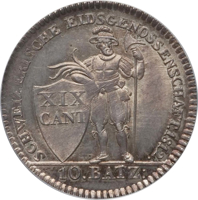 reverse of 10 Batzen (1812) coin with KM# 78 from Swiss cantons. Inscription: SCHWEIZERISCHE EIDSGENOSSENSCHAFT.1812. XIX CANT 10.BATZ: