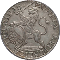 obverse of 1 Thaler (1724 - 1734) coin with KM# 147 from Swiss cantons. Inscription: MONETA REIPUBLICÆ TIGURINAE